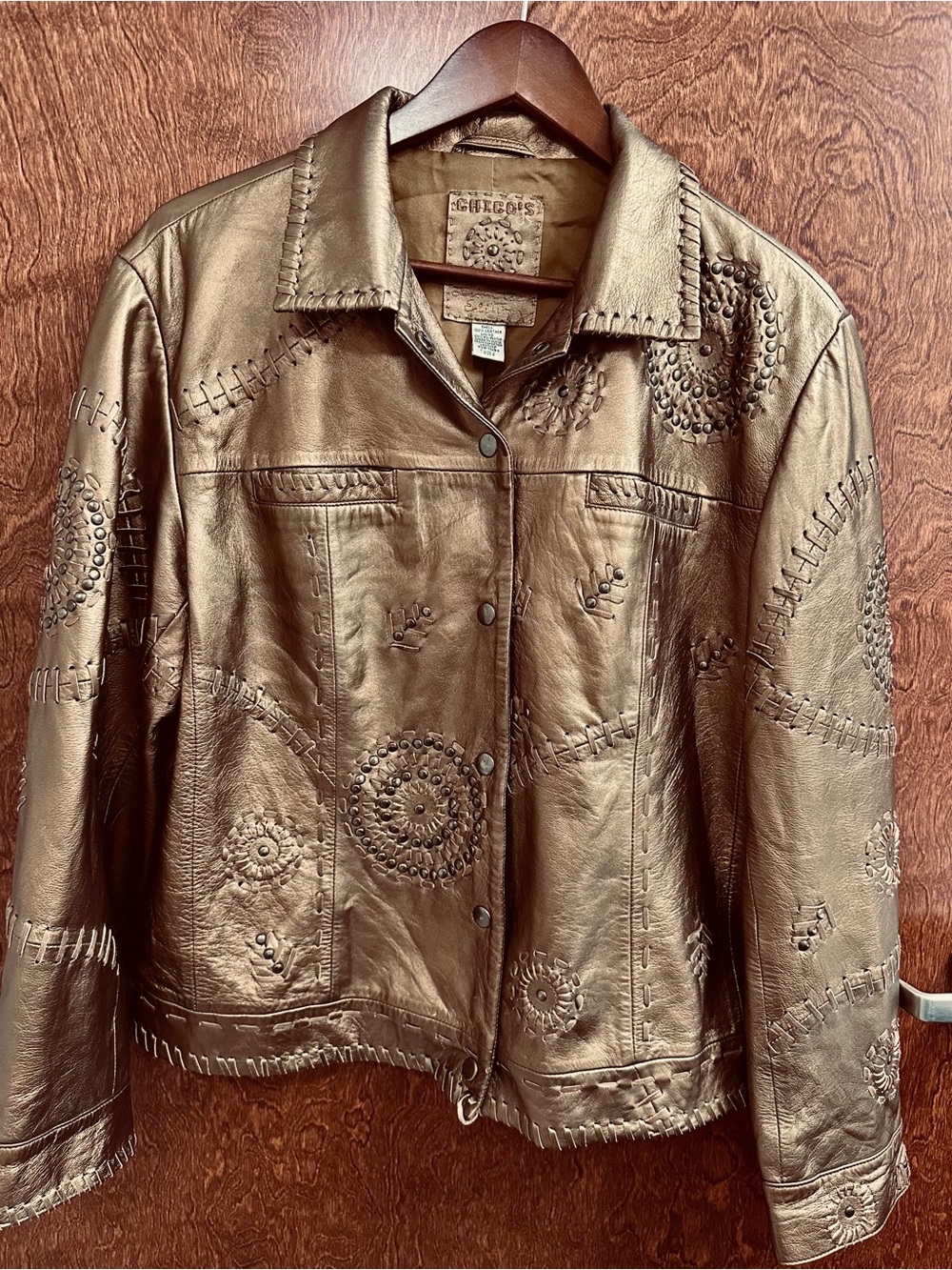Chico's Women's Metallic Bronze Italian Leather Jacket Stud Embellishments Sz L